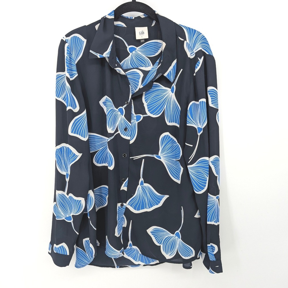Cabi‎ Button Down Shirt Women Large Black Blue Leaf Floral Long Sleeve Top 6080